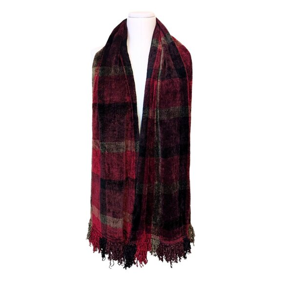 Vintage Chenille Plaid Scarf Red Black Fringe Trim Shawl Retro Preppy Cozy - Picture 2 of 7